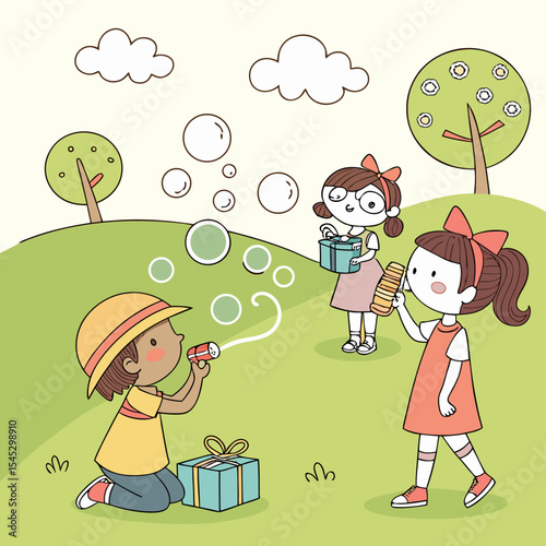 Kids Playing Outdoors with Bubbles and Gifts – Cute Children's Party Vector Illustration