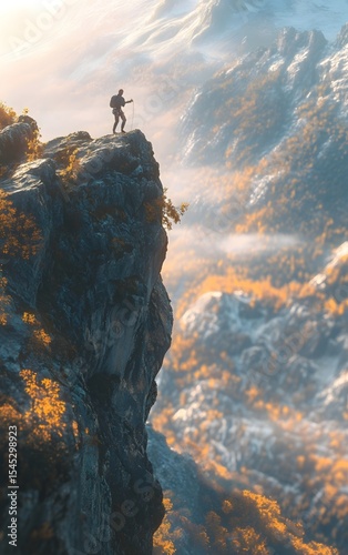 On the edge of a cliff, a rock climber is striving to ascend