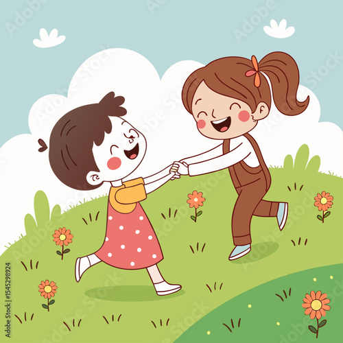 Happy Kids Playing Together in Nature – Cute Children Friendship Illustration