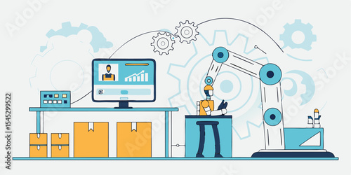 flat vector design future digital manufacturing with ai robotics automation working process concept 