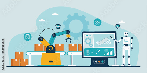 flat vector design future digital manufacturing with ai robotics automation working process concept 