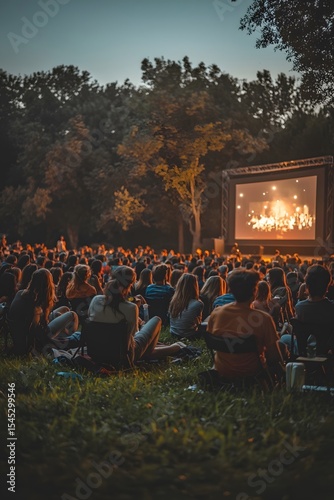 Under the night sky, an outdoor movie screening takes place