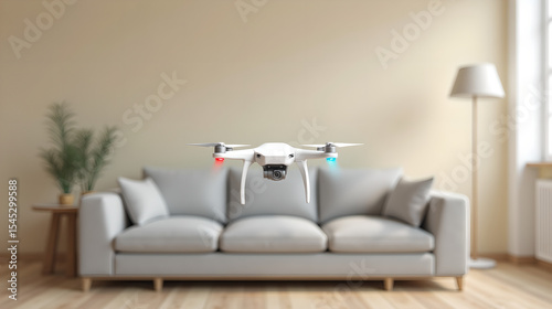 Drone hovering above modern couch indoors
