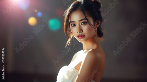 Portrait of a young woman in a delicate white dress surrounded by rainbow highlights with sparkles and pearlescent highlights, on a light background,