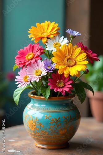 Wallpaper Mural A colorful ceramic pot overflowing with cheerful flowers, symbolizing abundant joy and positive energy Perfect for well-being, mindfulness, and gratitude themes , bright, pretty, summer Torontodigital.ca
