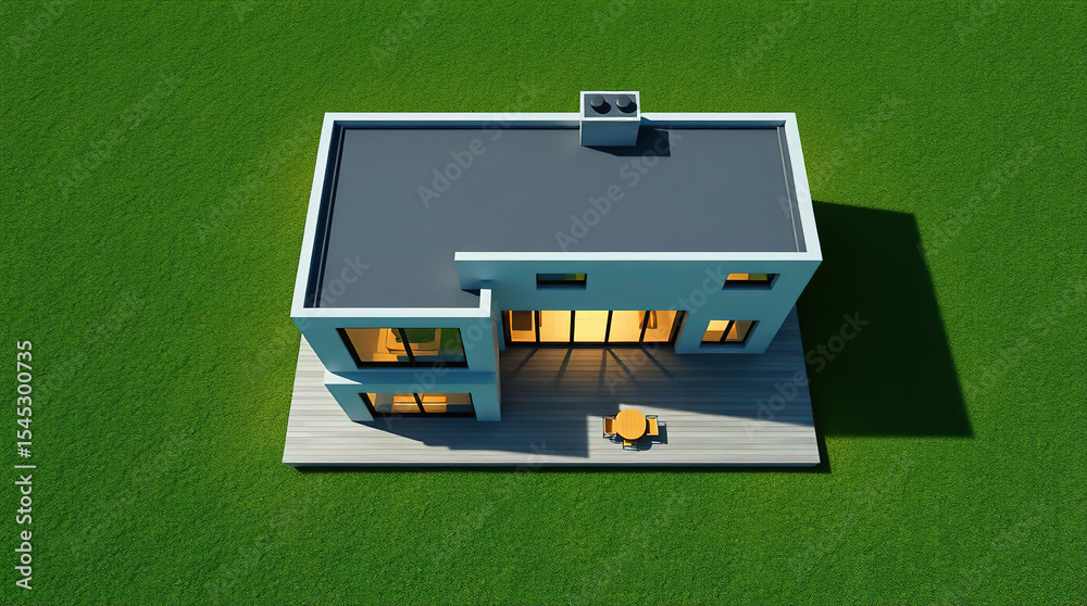 Obraz premium A large private house located on a green lawn. Elements of the house: roof, walls, terrace with furniture. In the foreground is a green lawn.