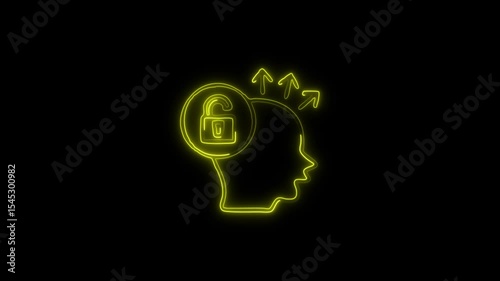yellow color glowing neon open mind icon isolated on black background. HD video motion graphic animation
