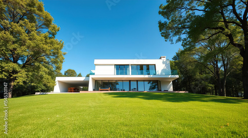 A large private house located on a green lawn. Elements of the house: roof, walls, terrace with furniture. In the foreground is a green lawn.