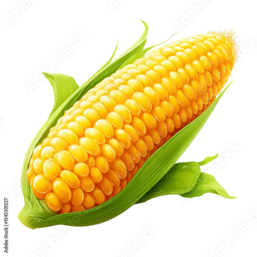 Fresh yellow corn cob with green husk isolated on white for agricultural and food design themes.