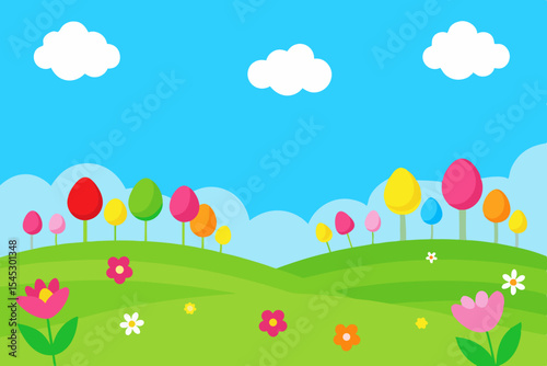 Colorful easter egg trees in spring landscape
