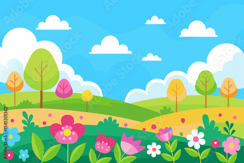 Cartoon spring landscape with colorful flowers and trees