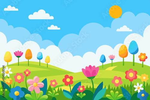 Colorful spring landscape with flowers and easter eggs