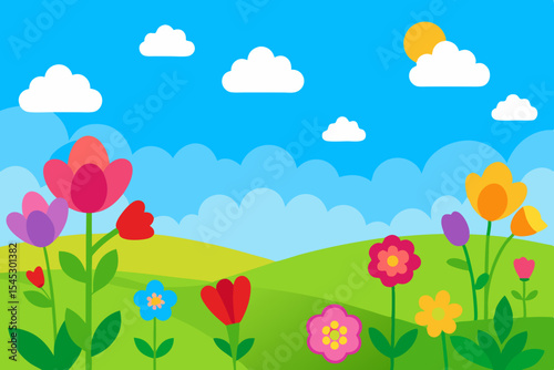 Bright spring flowers meadow landscape illustration