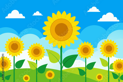 Cheerful sunflowers in a sunny field landscape