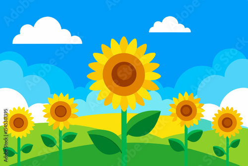 Happy sunflowers in a sunny field landscape