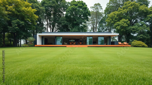 A large private house located on a green lawn. Elements of the house: roof, walls, terrace with furniture. In the foreground is a green lawn.