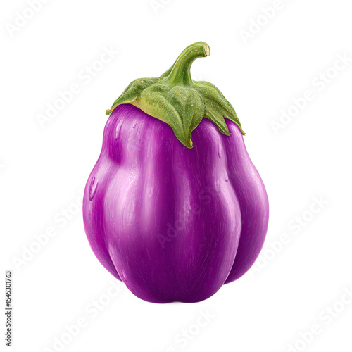Round purple eggplant isolated on white background for diet, organic produce, and food visuals.