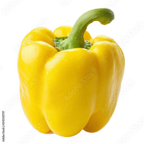 Yellow bell pepper with green stem isolated on white for food, farming, and vegetable design.