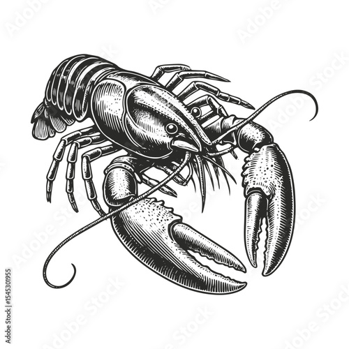 crayfish lobster art sketch drawing art engraving generative vector illustration. Scratch board imitation. Black and white image