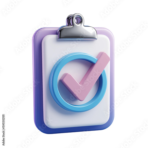3D icon of a checklist, in a purple and blue color palette, isolated on a transparent background, PNG file.