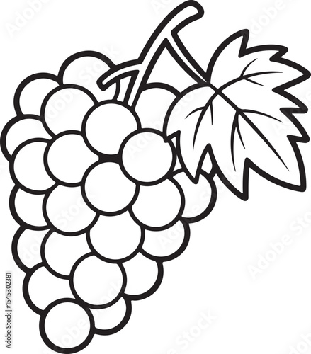 Black and white illustration of a bunch of grapes with a single leaf vector design