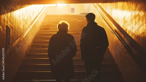 A young person assists an elderly individual on the stairs, where the interplay of light and shadow in the stairwell