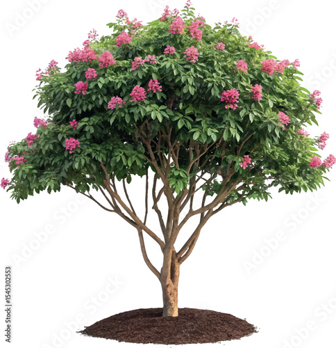 Beautiful crape myrtle tree displaying lush green leaves and vibrant pink flowers isolated on white
