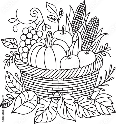 Black and white illustration of a thanksgiving harvest basket filled with autumn fruits and vegetables