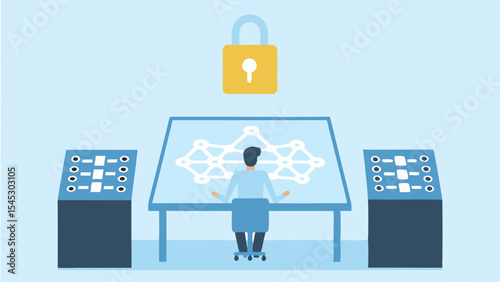Man sitting at a table with a network diagram and a padlock above it in a light blue room