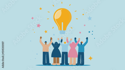 Group of people reaching for a bright lightbulb surrounded by stars on a light blue background