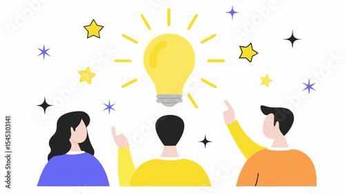 Three people pointing at a lightbulb surrounded by stars indicating a bright idea or inspiration
