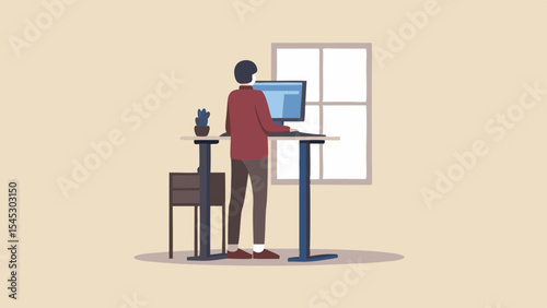 Person standing at adjustable desk with computer and plant in a room with a window view