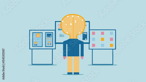 Person with lightbulb head viewing data charts and graphs on display screens in a light blue room
