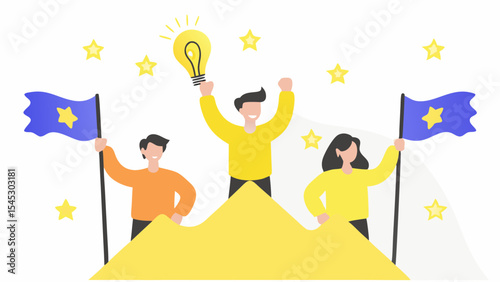 Team celebrating success on a mountain top with flags and lightbulb idea illustration design vector