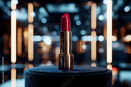 A luxurious lipstick rests quietly on a velvet display stand, its metallic casing gleaming under soft lighting photo