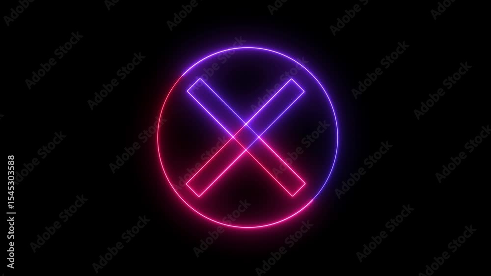 blue red color neon glowing cross sign icon animation wrong no signal warning cancel sign symbol on black background	