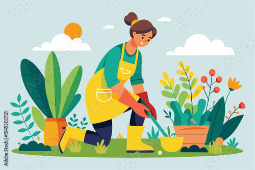 Vector illustration of a cartoon-style woman gardener wearing a hat, apron, and boots, watering green plants with a red watering can.
