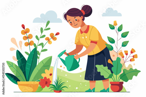 Vector illustration of a cartoon-style woman gardener wearing a hat, apron, and boots, watering green plants with a red watering can.
