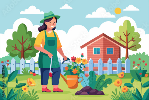 Vector illustration of a cartoon-style woman gardener wearing a hat, apron, and boots, watering green plants with a red watering can.
