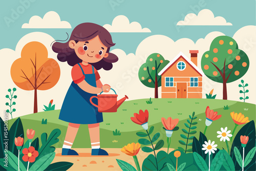 Vector illustration of a cartoon-style woman gardener wearing a hat, apron, and boots, watering green plants with a red watering can.