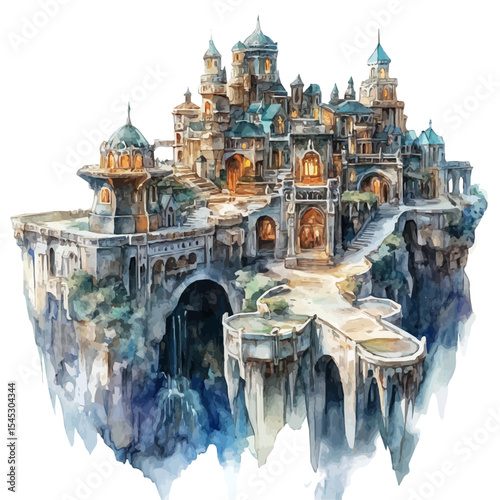 Fantasy Realms  Locations, watercolor painting vector, isolated on a white background.