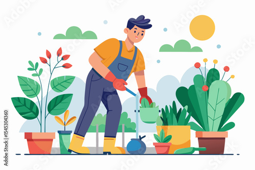Vector illustration of a cartoon-style woman gardener wearing a hat, apron, and boots, watering green plants with a red watering can.