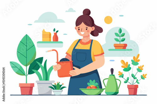 Vector illustration of a cartoon-style woman gardener wearing a hat, apron, and boots, watering green plants with a red watering can.