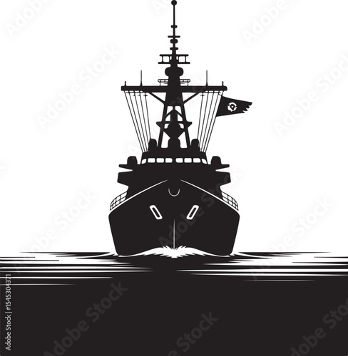 Front view of a black and white silhouette of a navy warship sailing on water