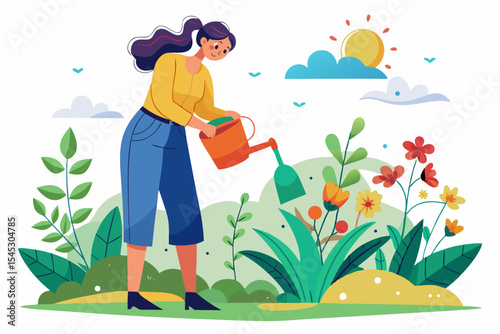 Vector illustration of a cartoon-style woman gardener wearing a hat, apron, and boots, watering green plants with a red watering can.