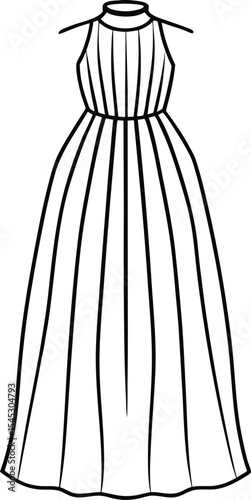 a detailed technical sketch of a long formal dress, sleeveless, with a high neckline and a fitted bodice, flowing A-line skirt with vertical pinstripes, minimalist elegant design
