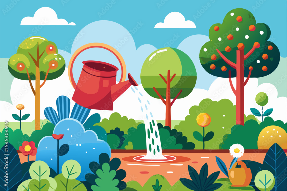 Fototapeta premium Vector illustration of a cartoon-style woman gardener wearing a hat, apron, and boots, watering green plants with a red watering can.