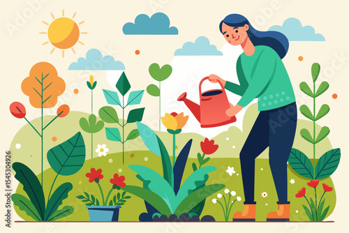 Vector illustration of a cartoon-style woman gardener wearing a hat, apron, and boots, watering green plants with a red watering can.