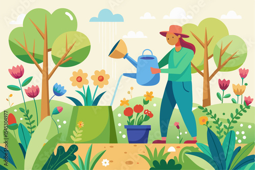 Vector illustration of a cartoon-style woman gardener wearing a hat, apron, and boots, watering green plants with a red watering can.