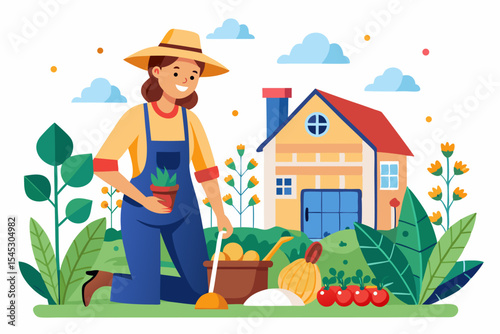 Vector illustration of a cartoon-style woman gardener wearing a hat, apron, and boots, watering green plants with a red watering can.